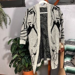Abstract Face Eyelash Open Front Cardigan